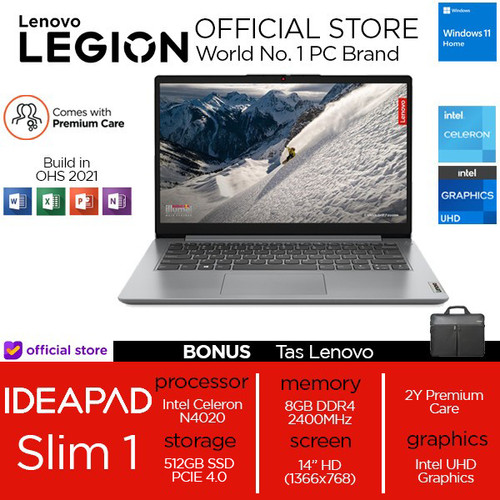 [EZO.2400213] Lenovo Ideapad Slim 1 14 N4020 8GB 256SSD Gen4 W11+OHS 14.0 2YR