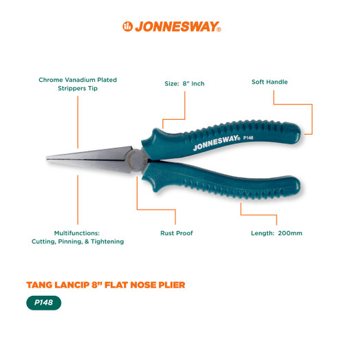 [P148] Jonnesway Tang Lancip Flat Nose Plier 8" - P148
