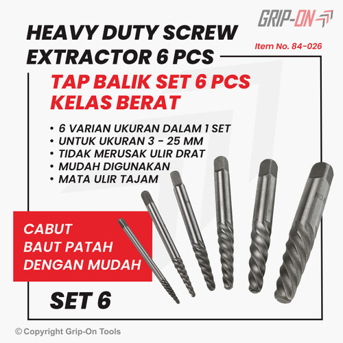 [EZM.8500037] GRIP-ON HEAVY DUTY SCREW EXTRACTOR TAP BALIK KELAS BERAT SET 6 PCS