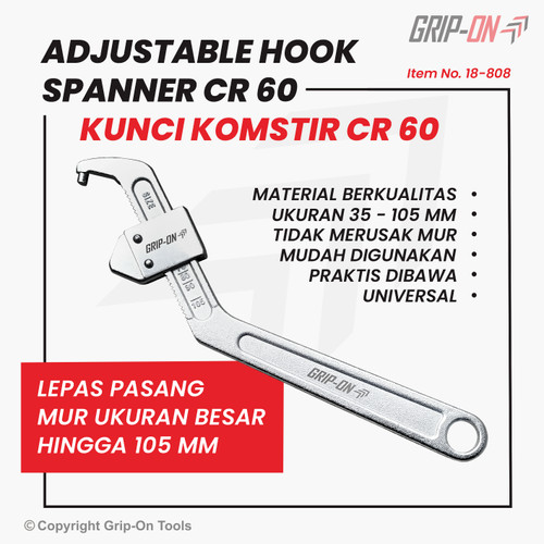 [EZM.8500053] GRIP-ON ADJUSTABLE HOOK SPANNER CR 60 KUNCI MUR KOMSTIR UKURAN BESAR