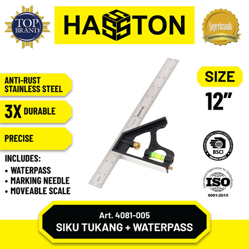 [EZM.1190521] Hasston Siku Tukang 10'' Stainless Steel / Penggaris Siku (3910-000)