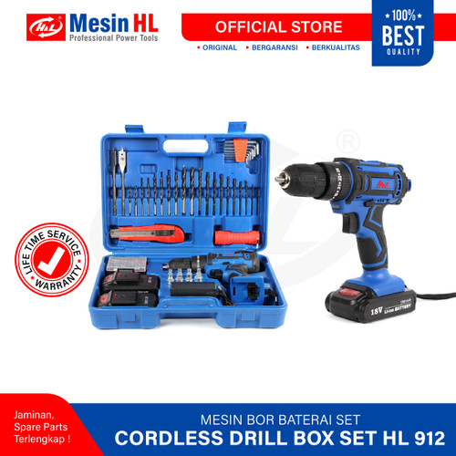 [EZM.8600866] HL 912 Mesin Bor Baterai Cordless Drill BOXSET - 2 Baterai 18V