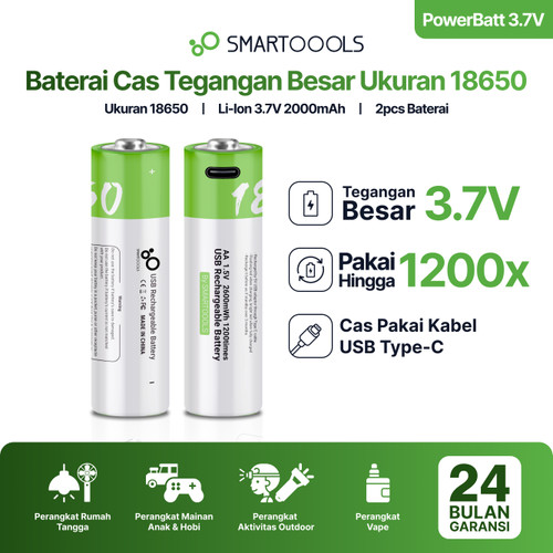 Baterai Cas Isi Ulang 2pcs Smartoools Powerbatt 18650 3.7V Type-C USB