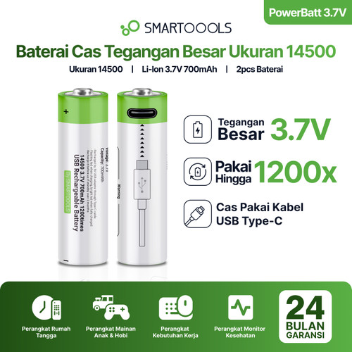Baterai Cas Isi Ulang 2pcs Smartoools Powerbatt 14500 3.7V Type-C USB