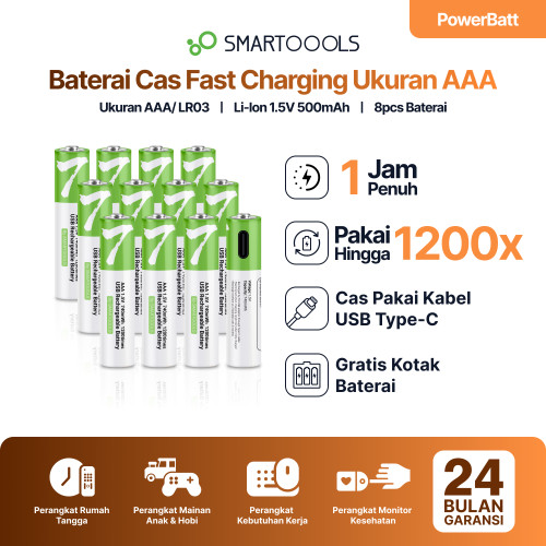 Smartoools PowerBatt AAA 1.5V Type-C USB Baterai Cas Isi Ulang 12pcs