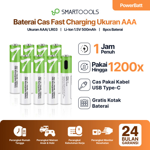 Smartoools PowerBatt AAA 1.5V Type-C USB Baterai Cas Isi Ulang 8pcs