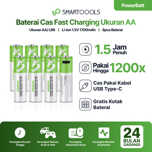 Smartoools PowerBatt AA 1.5V Type-C USB Baterai Cas Isi Ulang 8pcs