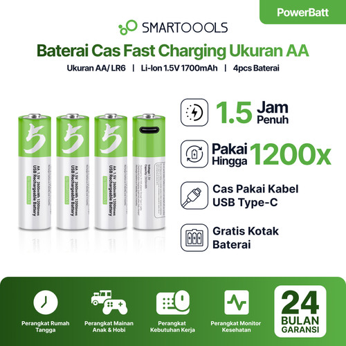 Smartoools PowerBatt AA 1.5V Type-C USB Baterai Cas Isi Ulang 4pcs