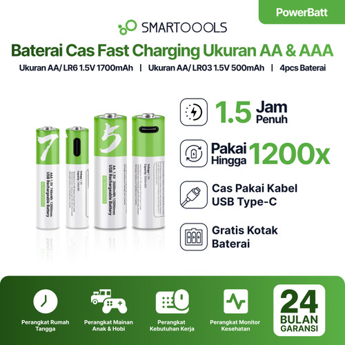 Smartoools PowerBatt AA & AAA 1.5V Type-C USB Baterai Isi Ulang 4pcs
