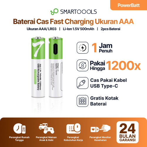 Smartoools PowerBatt AAA Type-C USB Charge Baterai Cas Isi Ulang 2pcs