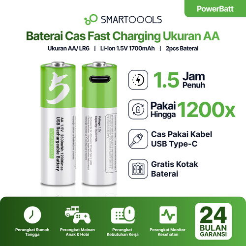 Smartoools PowerBatt AA Type-C USB Charge Baterai Cas Isi Ulang 2pcs