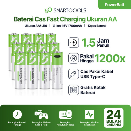 Baterai Cas Isi Ulang 12pcs Smartoools PowerBatt AA 1.5V Type-C USB