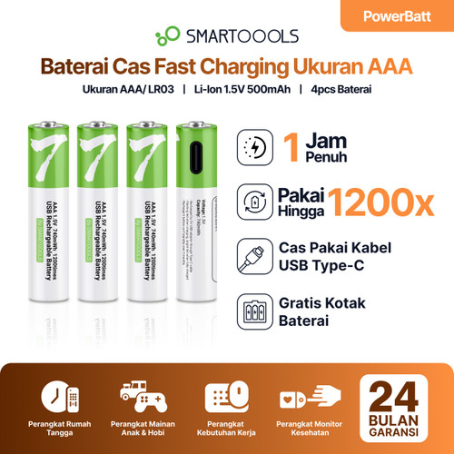 Baterai Cas Isi Ulang 4pcs Smartoools PowerBatt AAA 1.5V Type-C USB