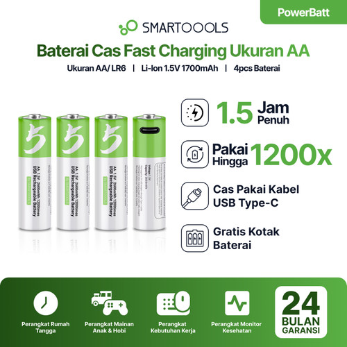 Baterai Cas Isi Ulang 4pcs Smartoools PowerBatt AA 1.5V Type-C USB
