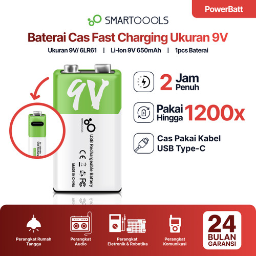 Smartoools PowerBatt 9V Type-C USB Rechargeable Battery