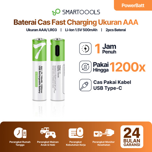 Smartoools PowerBatt AAA 1.5V 2pcs Type-C USB Rechargeable Battery