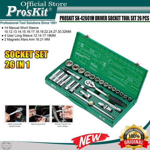 [EZM.1220057] Proskit HW-42601M 26 Pcs Driver Socket Tool Set Kunci Sock Sok Wrench