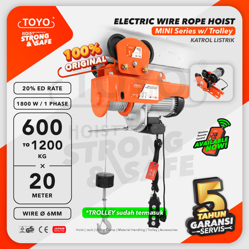 [EZO.1600064] Mini Electric Hoist Trolley set / Katrol Listrik 600/1200Kg x 20M TOYO