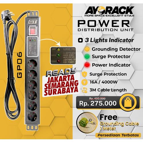 [EZO.8800048] PDU 6 OUTLET 16A 4000W PDU GT RACK GP06 GERMANY OUTLET - STOP KONTAK COLOKAN LISTRIK MEJA KANTOR DAPUR RUMAH KAMAR KABEL 3 METER POWER DISTRIBUTION UNIT 6 LUBANG