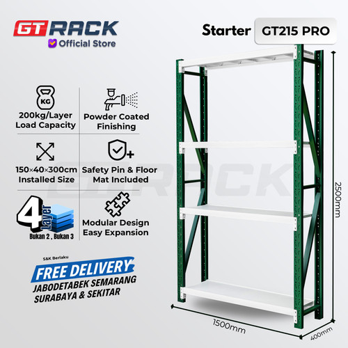 [EZO.8900080] RAK GUDANG BESI GT RACK GT215 PRO - 200KG 4 SUSUN 2.5 METER LEBAR 40CM