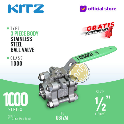 [EZR.2200313] KITZ 3-Piece SUS Ball Valve Fig. 1000 U3TZM , 1/2" - 15mm, Drat/Screw
