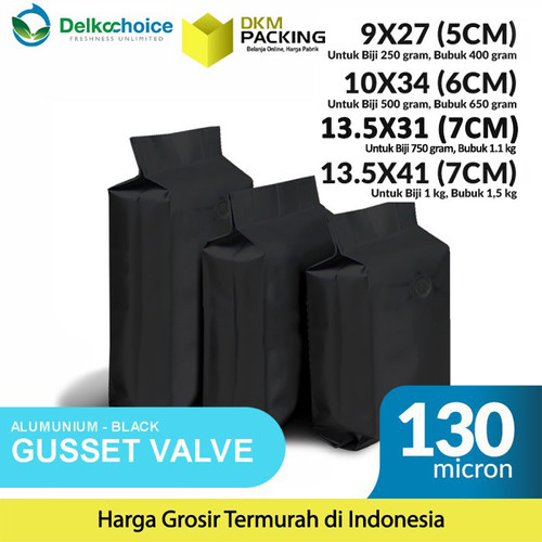 [EZO.9200533] Kantong Alumunium Bag Gusset Valve Hitam Kemasan Bubuk Delkochoice