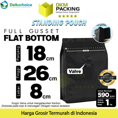 [EZO.9200585] Coffee Bag Pouch FG Valve Kemasan Biji Bubuk Kopi Flat Bottom 18x26cm