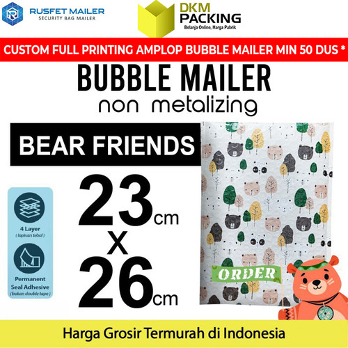 [EZO.9200884] AMPLOP BUBBLE WRAP BEAR FRIENDS 23x26cm RUSFET BUBBLE BAG MAILER