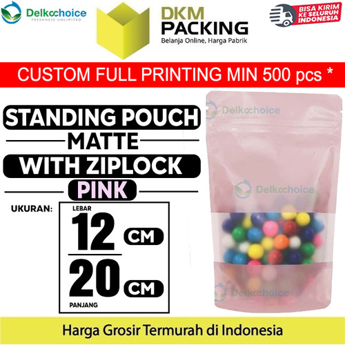 [EZO.9200952] Standing Pouch 12x20cm PINK MATTE WINDOW Plastik Kemasan DELKOCHOICE