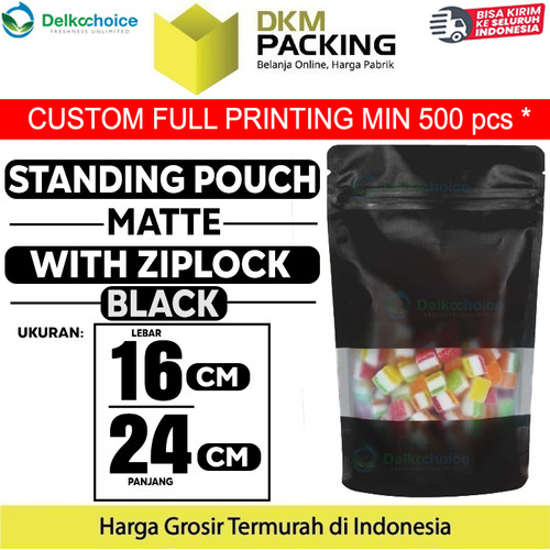 [EZO.9200965] Standing Pouch 16x24cm HITAM MATTE WINDOW Plastik Kemasan DELKOCHOICE