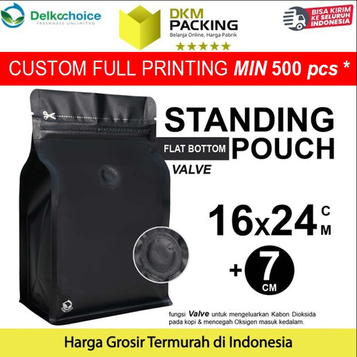 [EZO.9200975] FLAT BOTTOM HITAM 16x24cm VALVE COFFEE BAG ZIPLOCK DELKOCHOICE PREMIUM