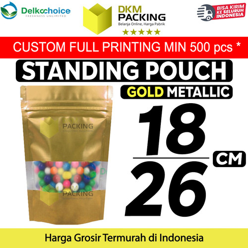 [EZO.9201386] Standing Pouch Gold Window Foil 18x26cm Ziplock Kemasan Makanan Emas
