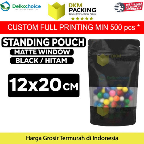 [EZO.9201792] Plastik Klip 12x20 BLACK MATTE WINDOW Standing Pouch Kemasan Makanan