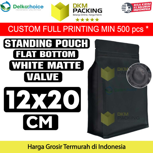 [EZO.9202070] Flat Bottom VALVE 12x20cm Hitam Standing Pouch Ziplock Plastik Klip
