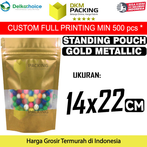 [EZO.9202193] Standing Pouch 14x22 Window Ziplock Gold Plastik Klip FOOD GRADE ECO