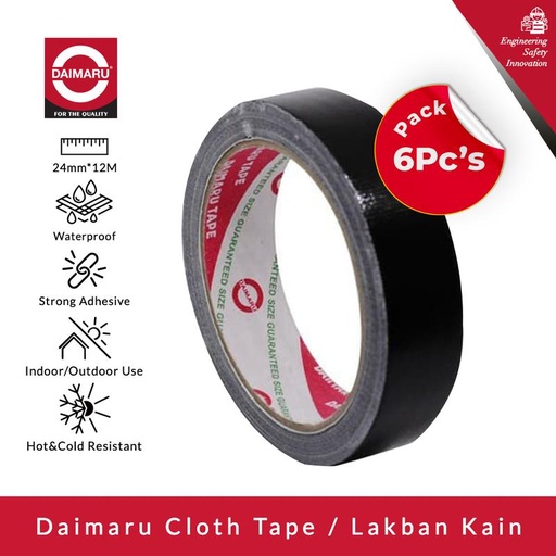 [EZM.1130174] [Paket 6 pcs] Daimaru Cloth Tape Lakban Kain Hitam 24 mm x 12 m (F)
