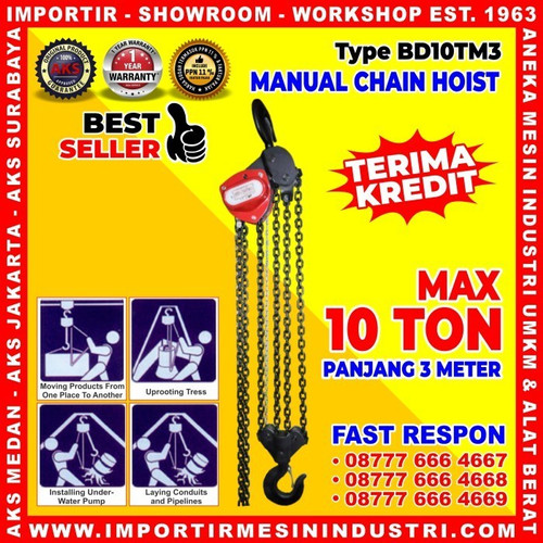 [EZM.3601294] Manual Takel 10 Ton Panjang 3 meter Manual Chain Hoist - BD10TM3