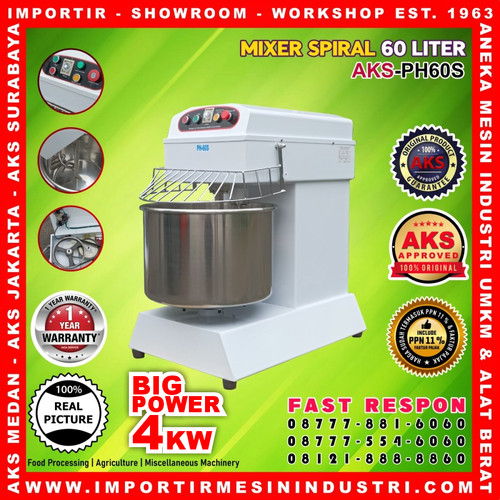 [EZM.3601378] Spiral Mixer 60 Liter Double Speed AKS PH-60S Mixer Adonan Roti