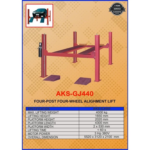 Mesin Four Post Wheel Alignment Lift Mobil 4 Tiang Capacity Max 4 Ton