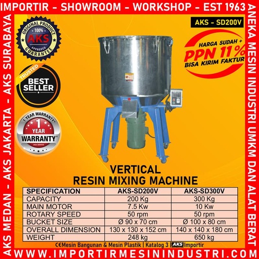 Mixer 200 Kg Mesin Pewarna Bijih Plastik Vertical Resin AKS - SD200V