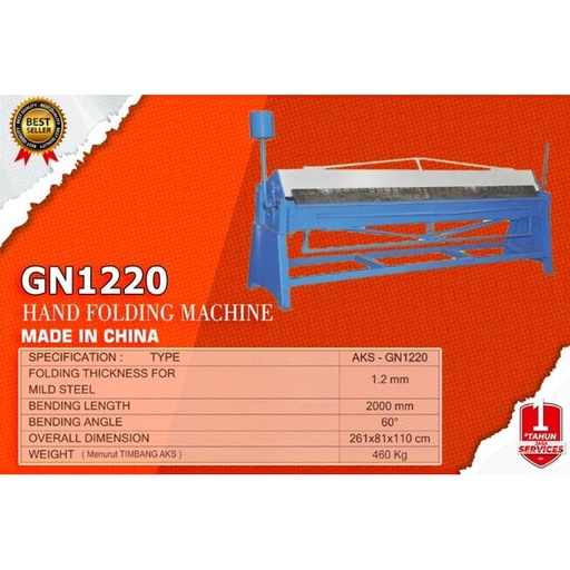 Mesin Tekuk Plat Manual 1,2x2000mm Hand Folding GN1220