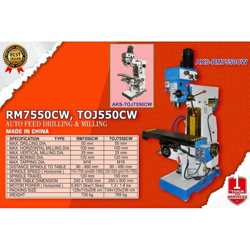 Machine Drilling Milling - 50 mm 1,3 Kw 100 x 25 mm Type TOJ7550CW