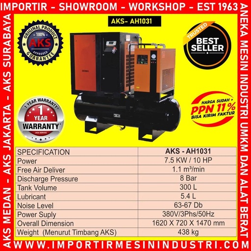 Kompresor Angin Integral Screw Air Compressor With Dryer 10 Hp 7.5 Kw