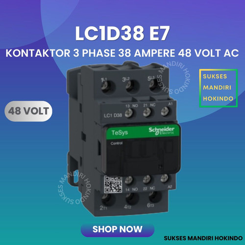 [EZM.1110173] Kontaktor 3P 38A 3 Phase 38 Ampere Coil 48Volt AC 3 Pas 38 Amper Contactor Schneider LC1D38E7 48 VOLT Original SNI