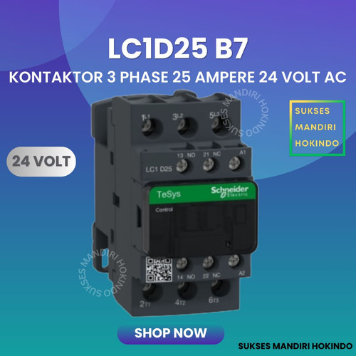 [EZM.1110201] Kontaktor 3P 25A 3 Phase 25 Ampere Coil 24Volt AC 3 Pas 25 Amper Contactor Schneider LC1D25B7 24 VOLT Original SNI