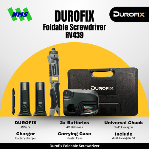 [EZM.1040276] Durofix RV439 Foldable Cordless Screwdriver / Bor Obeng Baterai Elektrik Portable Lipat 4V Torsi 5.6Nm Adjustable Clutch