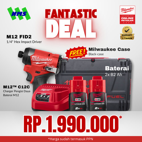 [EZM.1040322] Mesin Obeng Bor Milwaukee M12 FID2-0 Hex 1/4" Compact Impact Driver 3600 rpm 170Nm Generasi 3 - Special Bundling Fullset Baterai Charger Siap Pakai
