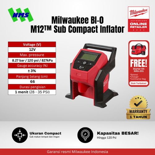 [EZM.1040330] Pompa Ban Portable Milwaukee M12 BI-0 Sub Inflator Alat Isi Angin Baterai Motor Mobil Sepeda