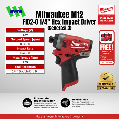 [EZM.1040332] Mesin Bor Obeng Milwaukee M12 FID2-0 1/4" Hex Cordless Impact Driver 12 Volt - Generasi ke 3 Terbaru