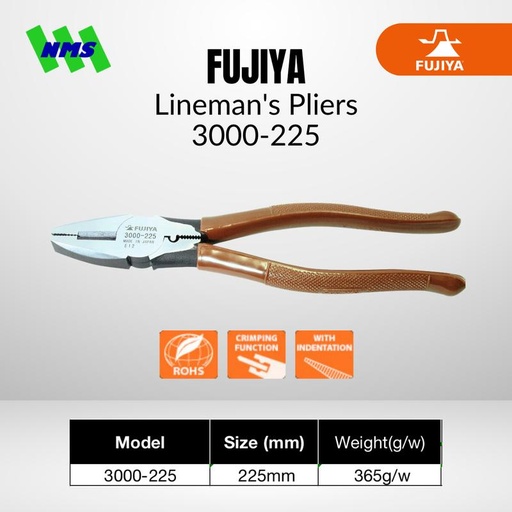 [EZM.1040334] Tang Potong Kombinasi Fujiya 3000-225 Lineman's Pliers 225mm 9 Inci Baja 3.6mm Kabel VA VVF Bisa Crimping